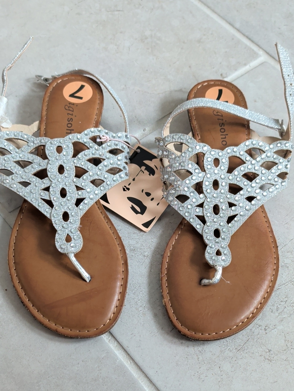Zigisoho Silver Jeweled Thong Sandals with Tan Footbed
